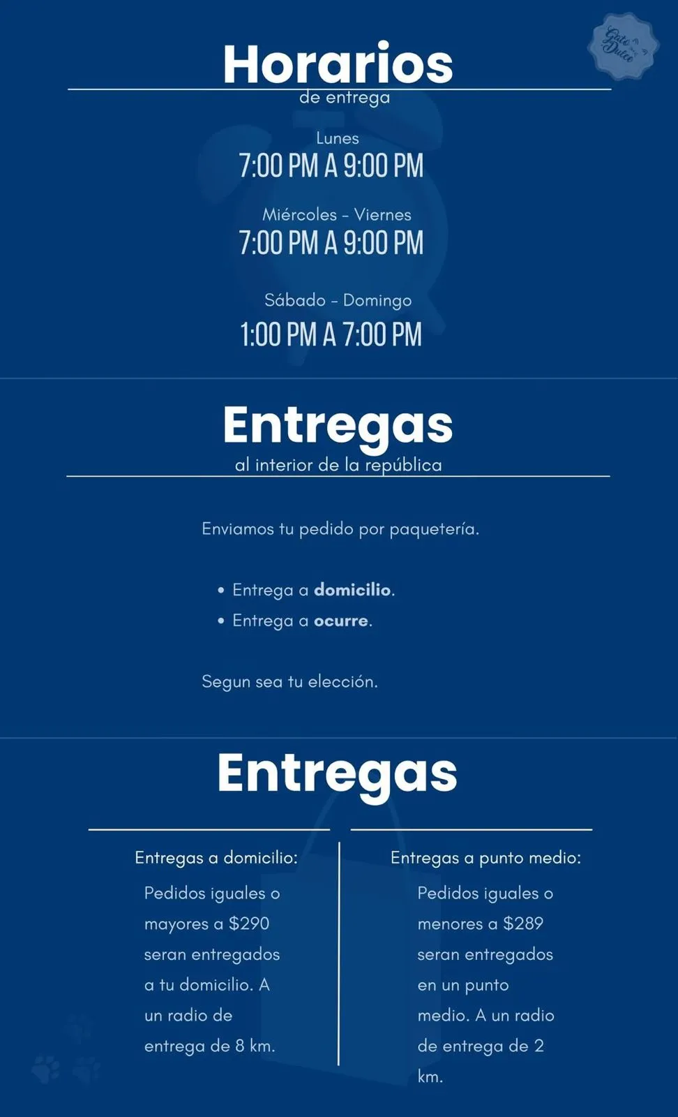 Tipos de entrega Gato Dulce